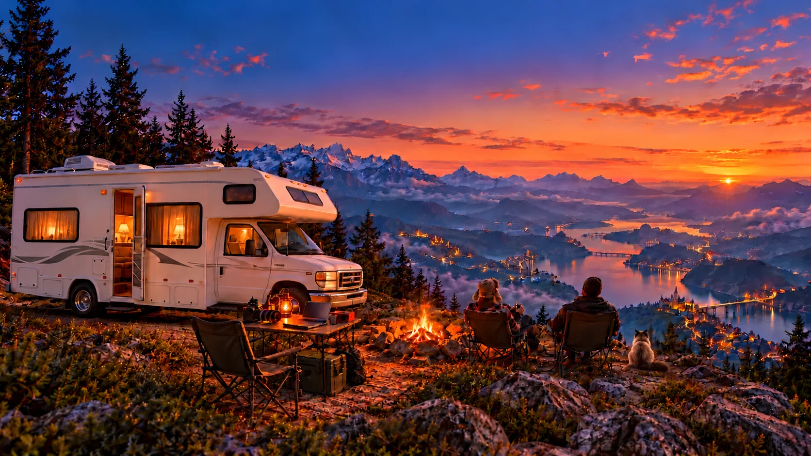 Cliffside camp with Sharon, a white Class C motorhome, an outdoor worktable, campfire, an empty chair beside two seated people, Belvedere the cat, and a sunset valley