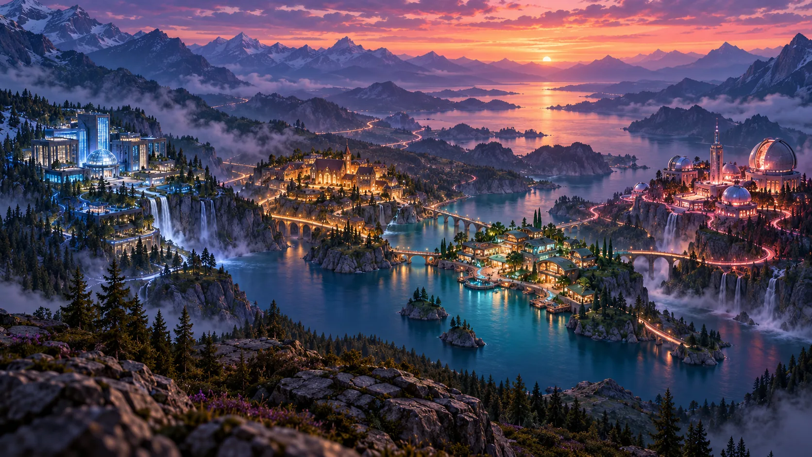 Illustrated valley of blue, amber, teal, and coral centers linked by roads and bridges